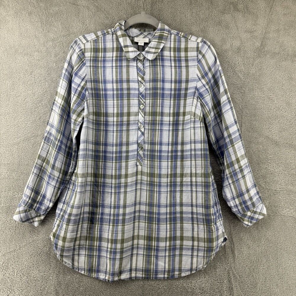 J Jill Top Womens SP Green Blue Plaid Popover Tunic Button Front Roll Tab Sleeve